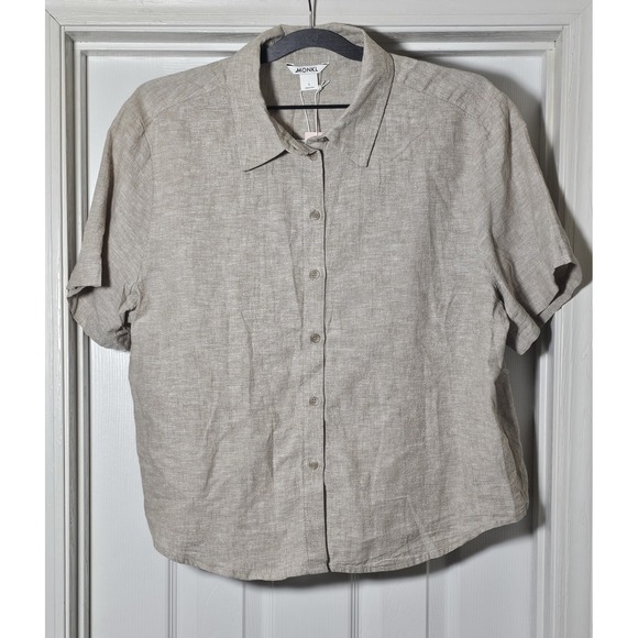 MONKL Linen Blend Set Women's Size Large Wide Leg Pleated Pants Button Up Top - Picture 3 of 12